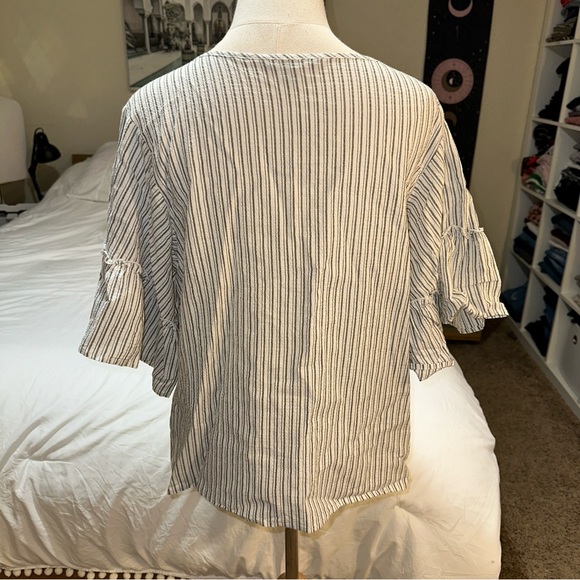 Zac & Rachel | Scoop Neck Striped Mid Length Ruffle Bell Sleeve Nautical Blouse - Picture 3 of 11